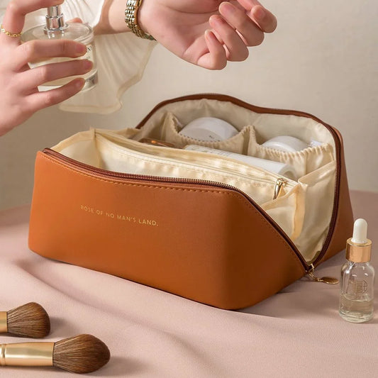 Luxury Leather Travel Cosmetic Bag - Makeup Organizer